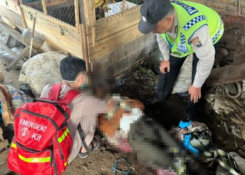 Petugas memeriksa jenazah gelandangan yang tewas di Pasar Dampit. Foto: Polsek Dampit