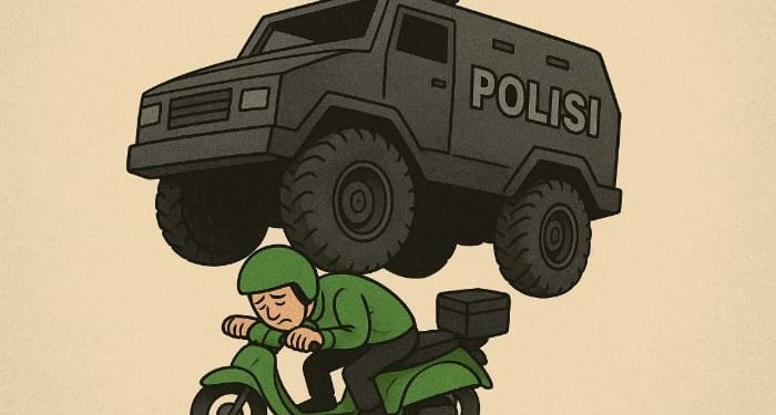 Insiden tragis pengemudi ojol dilindas Rantis Polisi saat aksi demo DPR di Jakarta yang memicu kecaman publik. /Foto: Dibuat dengan AI.