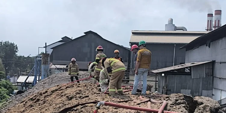 Petugas memadamkan api yang membakar tumpukan limbah tebu kering di PG Krebet Baru. Foto: Damkar Kabupaten Malang