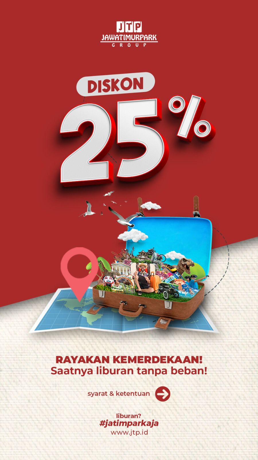 Flyer promo kemerdekaan diskon 25 persen bagi kamu yang lahir di bulan Agustus. Foto: Dok. Jatim Park Group