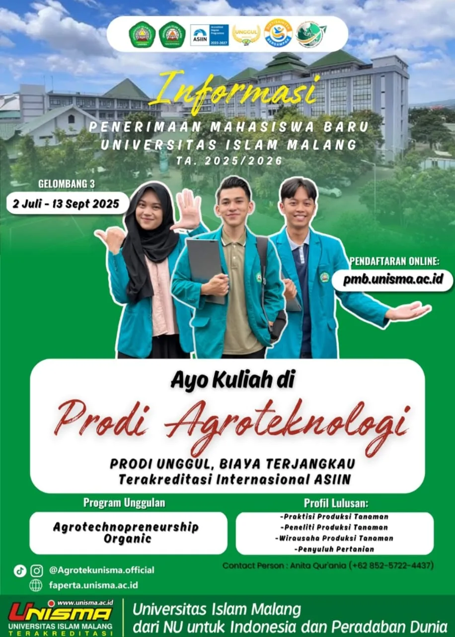 Informasi pendaftaran PMB Unisma Gelombang 3 tahun akademik 2025/2026 untuk Prodi Agroteknologi. /Foto: Dok. Unisma.
