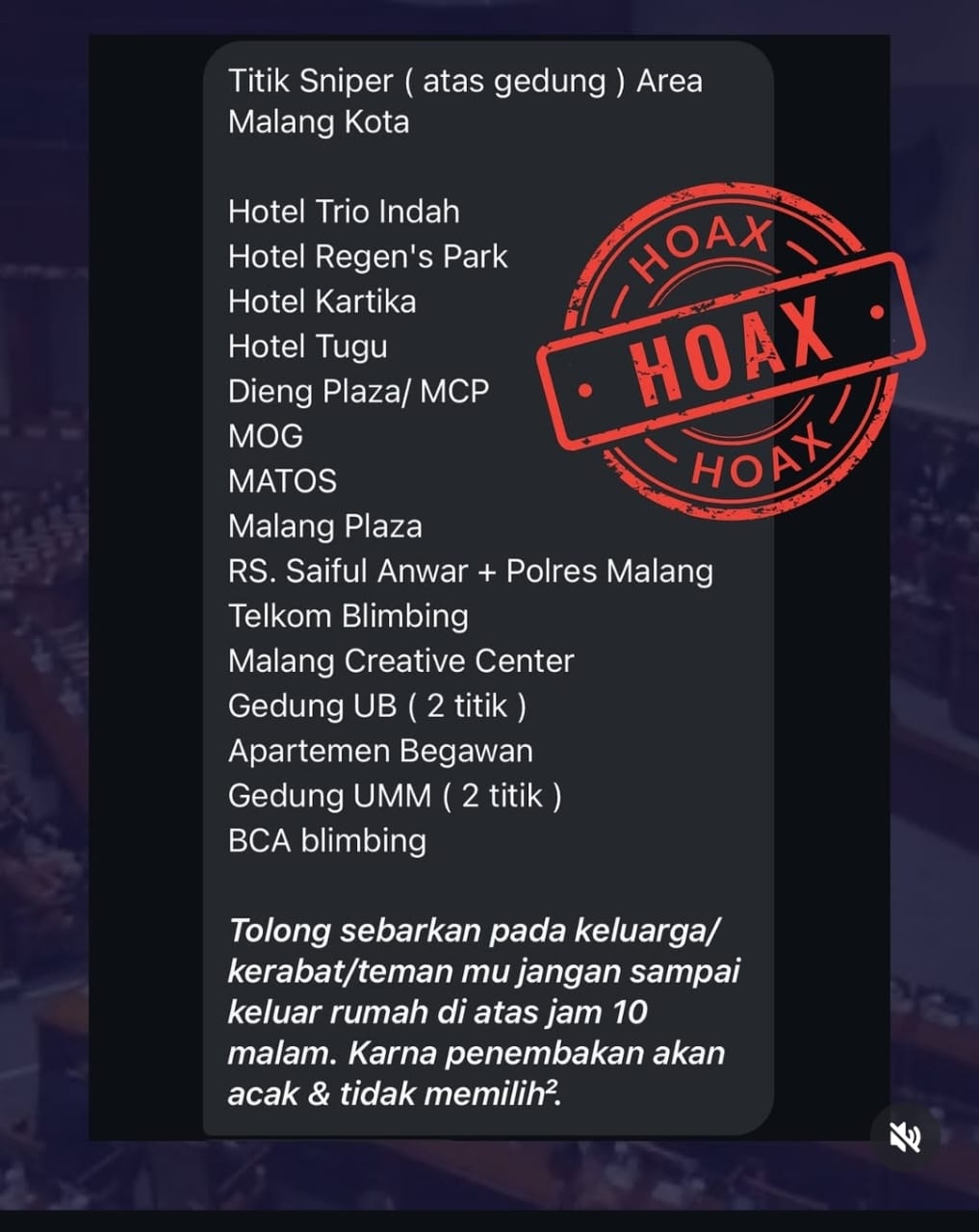 Isi pesan berantai keberadaan sniper di gedung gedung Kota Malang. (Foto/ist)