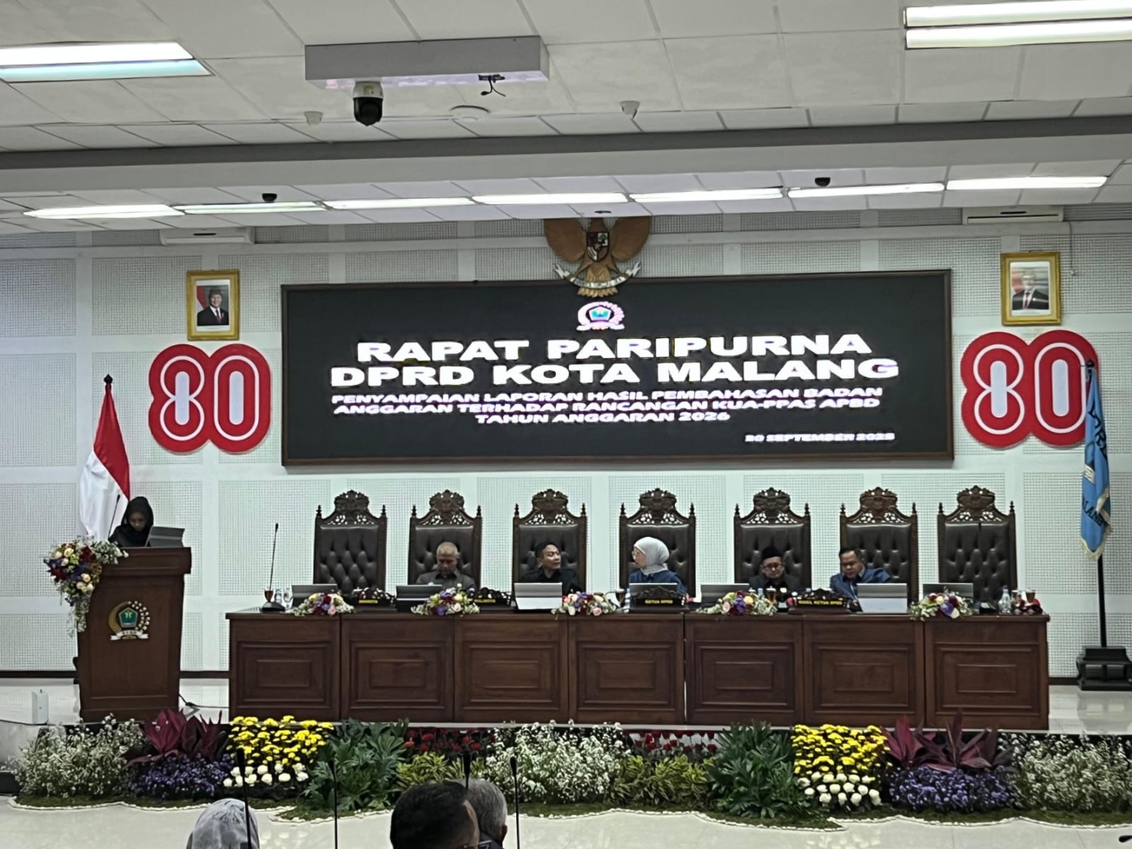 Rapat paripurna penyampaian laporan hasil pembahasan Banggar DPRD Kota Malang terhadap KUA PPAS APBD 2026. (Foto/M Sholeh)