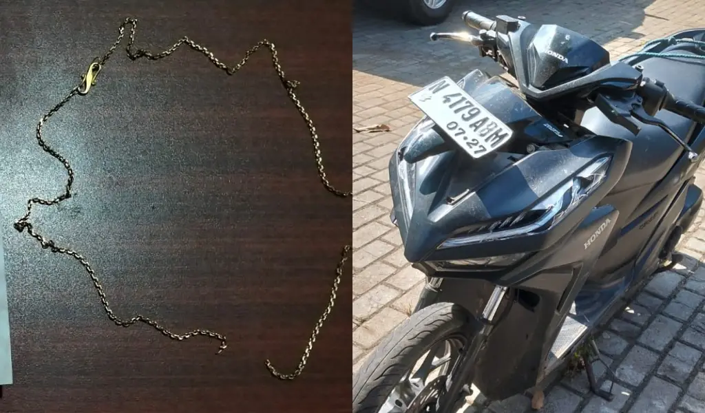 Barang bukti kalung emas dan sepeda motor milik tersangka yang diamankan polisi. Foto: Polres Malang
