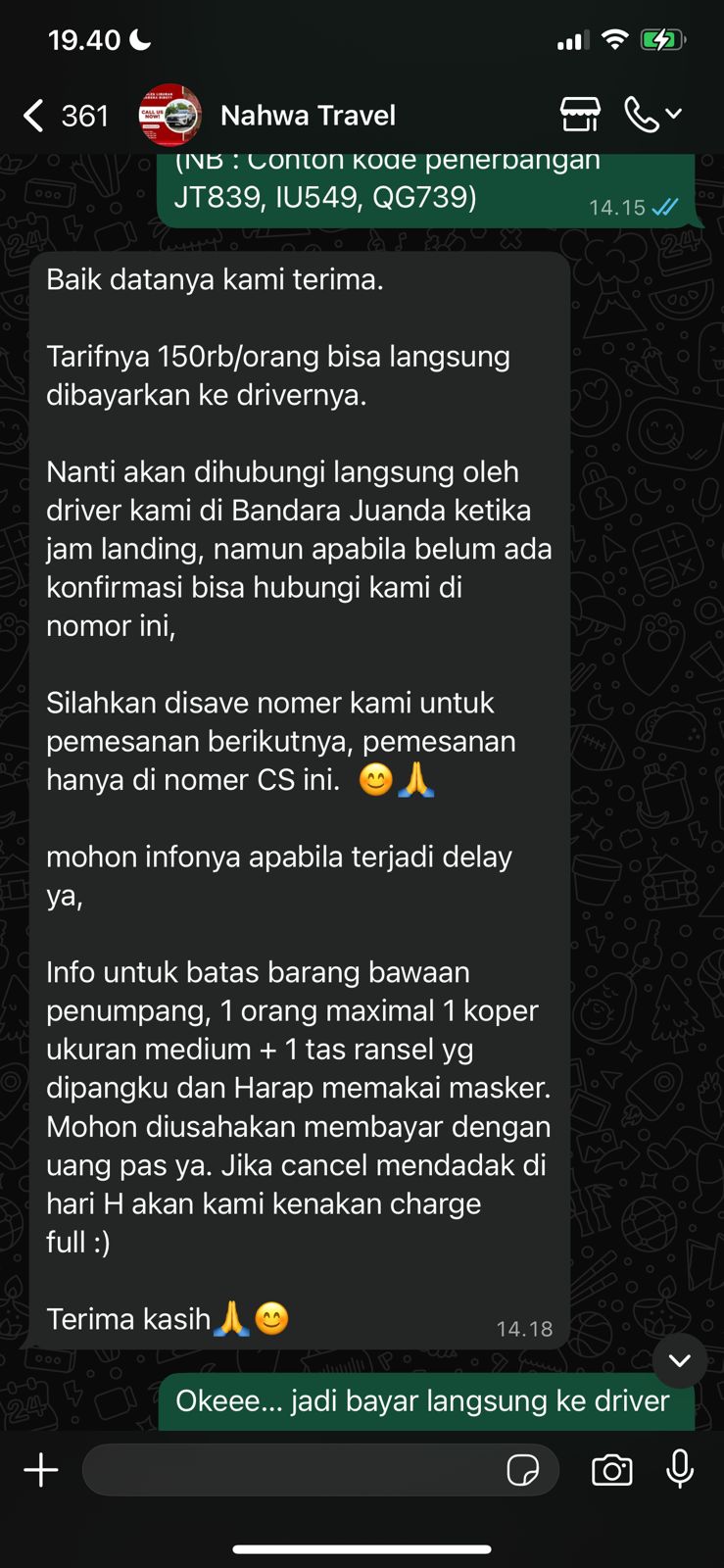 Bukti chatting yang dengan gerak cepat dibalas oleh Tim Nahwa Travel./Foto: Capture Tim Tugu Media.