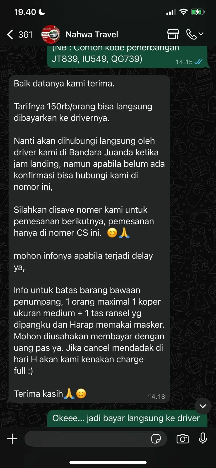 Bukti chatting yang dengan gerak cepat dibalas oleh Tim Nahwa Travel./Foto: Capture Tim Tugu Media.