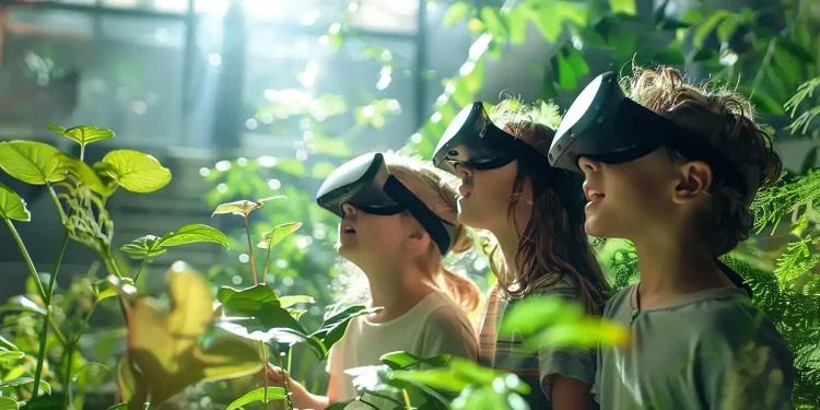 Ilustrasi:
74 / 5.000
tiga anak menjelajahi hutan virtual bersama sambil mengenakan headset VR.foto/freepik