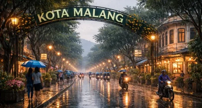 Prakiraan cuaca Malang, khususnya di Kota Malang pada Senin, 19 Januari 2026 diperkirakan berpotensi terjadi hujan ringan. /Foto: Tugumalang.id/Bagus Rachmad Saputra (ilustrasi dibuat dengan AI).