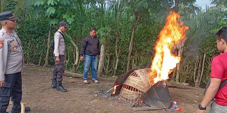Polisi musnahkan sarana yang digunakan untuk judi sabung ayam di Kalipare. Foto: Polres Malang