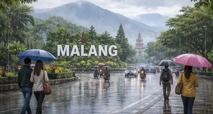 Prakiraan cuaca Malang, khususnya Kota Malang pada hari Senin, 12 Januari 2026 diperkirakan dalam kondisi berawan hingga hujan ringan. /Foto: Tugumalang.id/Bagus Rachmad Saputra (ilustrasi dibuat dengan AI).