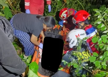 Petugas melakukan evakuasi terhadap perempuan yang diduga loncat dari Jembatan Suhat. (Foto/ist)