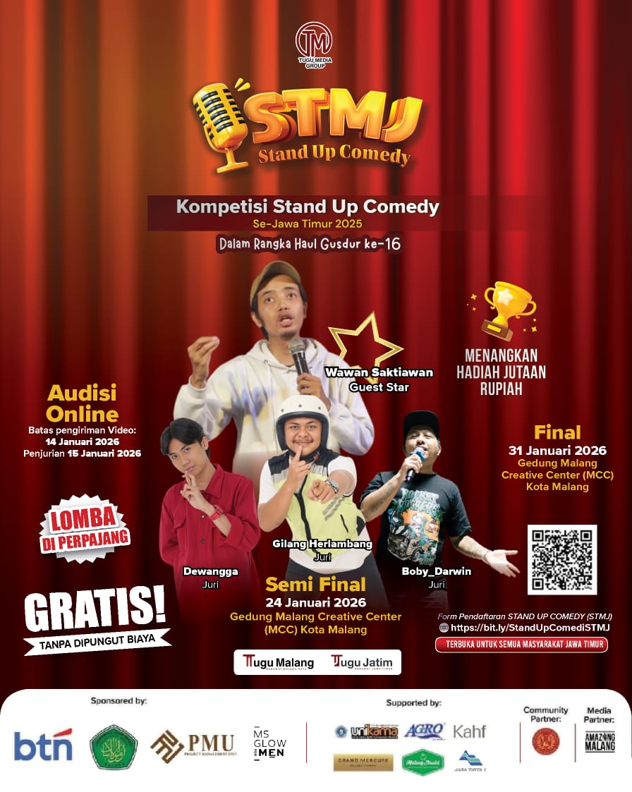 Pendaftaran kompetisi stand up comedy STMJ dalam rangka Haul Gus Dur ke-16 tahun 2026 akan segera ditutup. /Foto: Dok. Tugu Media Group.