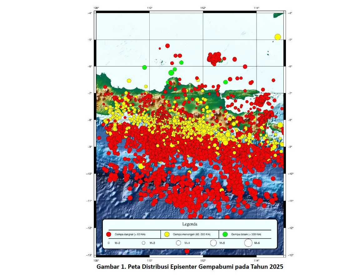Peta sebaran episenter atau pusat gempa bumi di tahun 2025. Foto: Stasiun Geofisika Malang