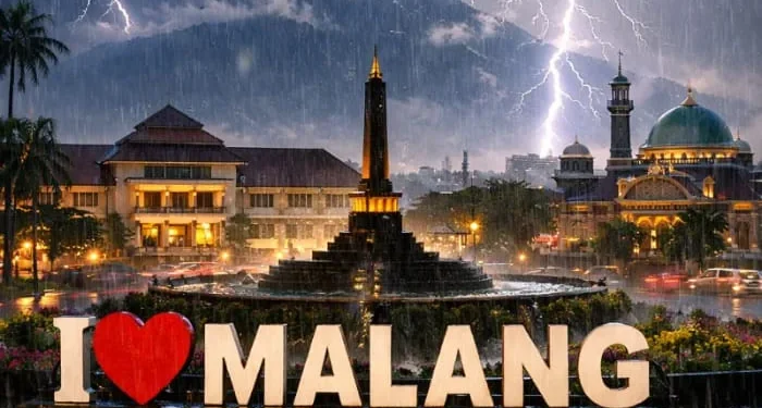 Prakiraan cuaca Malang, khususnya di wilayah Kota Malang dan sekitarnya pada Sabtu 14 Februari 2026, berpotensi terjadi hujan petir. (Foto/ilustrasi dibuat dengan AI)