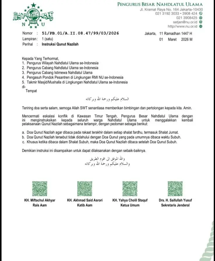 Surat instruksi melaksanakan Qunut Nazilah yang dikeluarkan PBNU. /Foto: Dok. PBNU