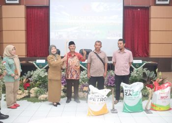 Penyerahan bantuan pupuk dan alat pertanian kepada petani oleh Wakil Bupati Malang, Lathifah Shohib. Foto: Pemkab Malang