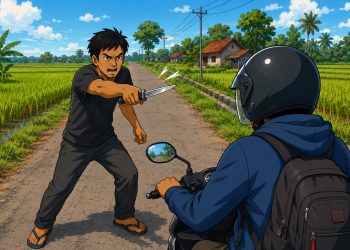 Ilustrasi seorang pria ancam pengguna jalan menggunakan senjata tajam. Foto: AI