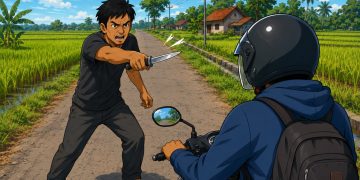 Ilustrasi seorang pria ancam pengguna jalan menggunakan senjata tajam. Foto: AI