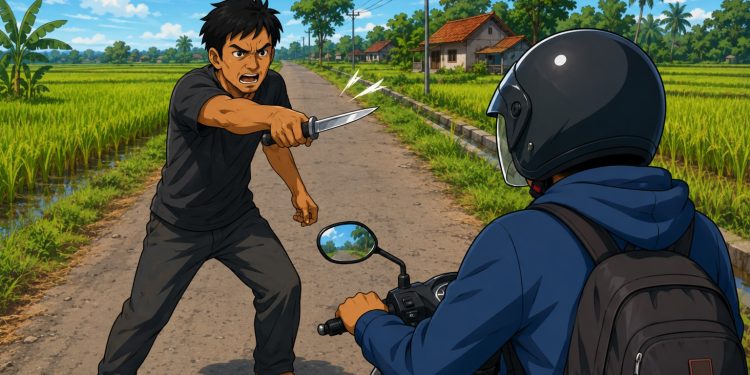 Ilustrasi seorang pria ancam pengguna jalan menggunakan senjata tajam. Foto: AI