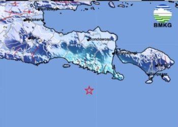 Tanda bintang menunjukkan lokasi pusat gempa yang guncang Jember. Foto: BMKG Stasiun Geofisika Malang