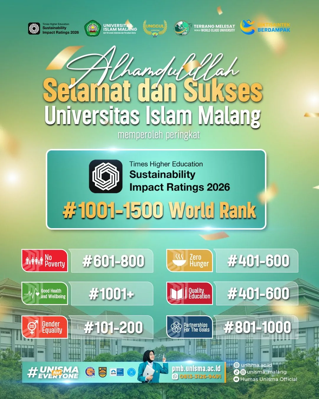 Flyer ucapan Unisma menempati peringkat dunia di Times Higher Education Sustainability Impact Ratings 2026. Foto: Dok