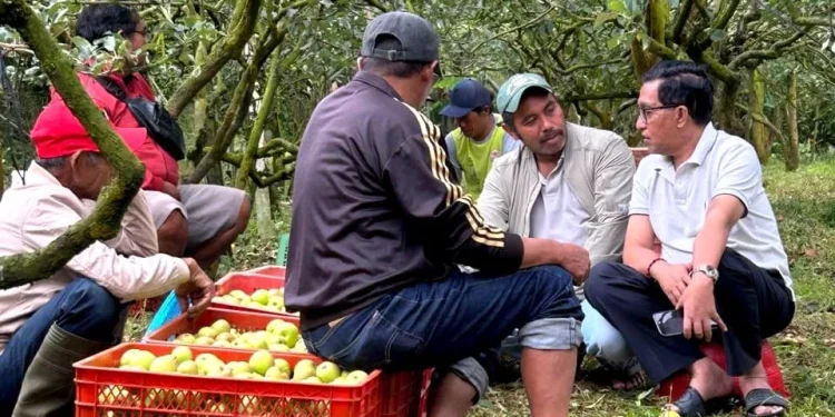 Ketua DPRD Kota Batu Didik Subianto berbincang dengan petani apel. Foto: Dok.