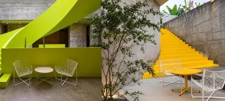 Kafe baru di Malang, OOOSTEREO dengan dominasi warna kuning dan MONOMUSIUM by OR dengan warna hijau, dua kafe di bawah satu manajemen. (Foto: Tiktok)