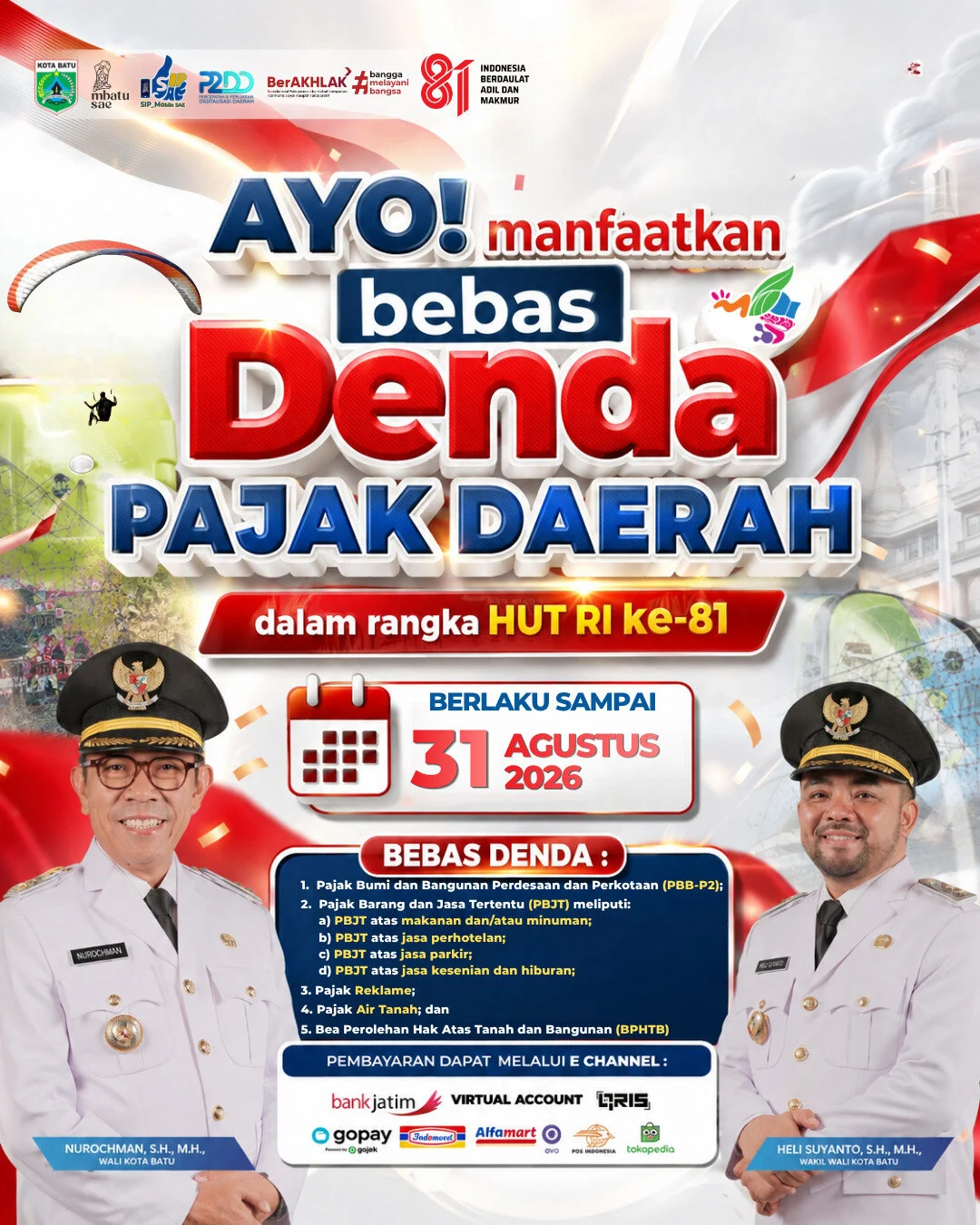 Sambut HUT RI, Pemkot Batu Bebaskan Denda Pajak Daerah hingga 31 Agustus 2026