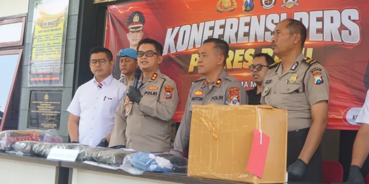 Konferensi pers ungkap kasus peredaran ganja Satresnarkoba Polres Batu. Foto: Azmy
