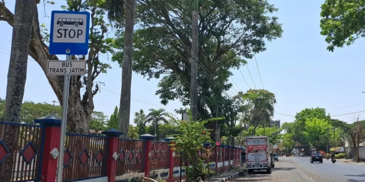Rambu stop Trans Jatim di depan Stadion Kanjuruhan. Foto: Aisyah Nawangsari Putri