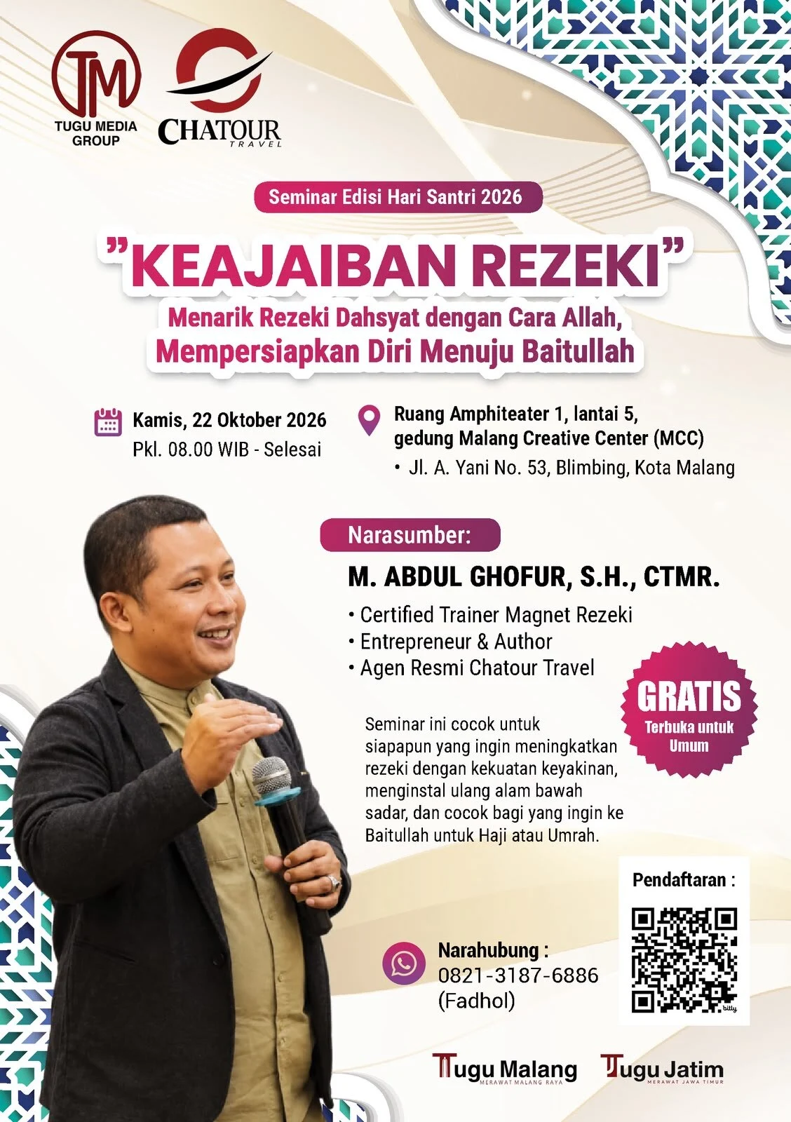 Tugu Media Group dan Chatour Travel Gelar Seminar Keajaiban Rezeki Gratis di Malang